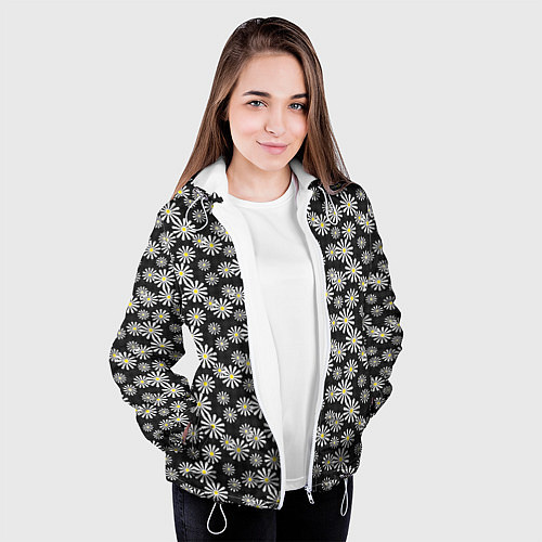 Женская куртка Белые цветы ромашки на черном в мелкий горошек / 3D-Белый – фото 3