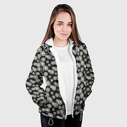 Куртка с капюшоном женская Белые цветы ромашки на черном в мелкий горошек, цвет: 3D-белый — фото 2