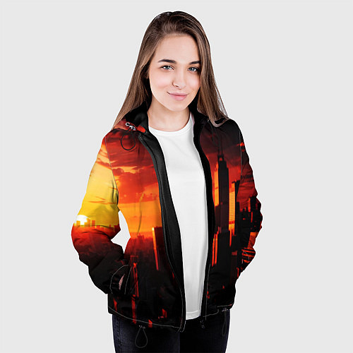Женская куртка Стилизованный город оранжевый закат / 3D-Черный – фото 3