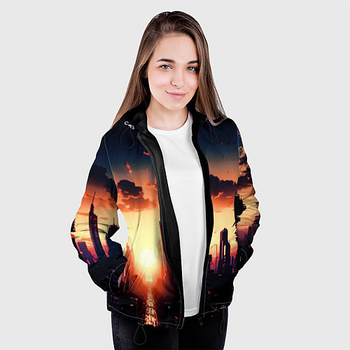Женская куртка Пейзаж город будущего закат / 3D-Черный – фото 3