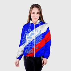 Куртка с капюшоном женская Герб России на фоне триколора синий, цвет: 3D-белый — фото 2