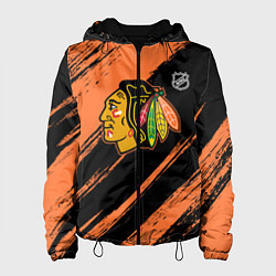 Куртка с капюшоном женская Чикаго Блэкхокс - фон с оранжевыми потертостами, цвет: 3D-черный