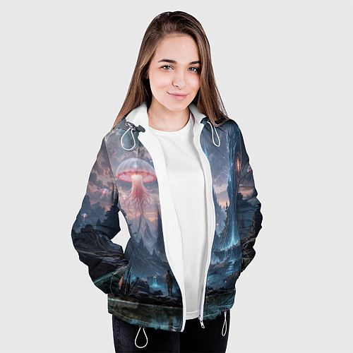 Женская куртка Фантастический мир с медузами и озеро у гор / 3D-Белый – фото 3