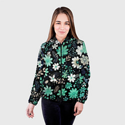 Куртка с капюшоном женская Чёрный в зелёный цветочек стилизованный, цвет: 3D-черный — фото 2