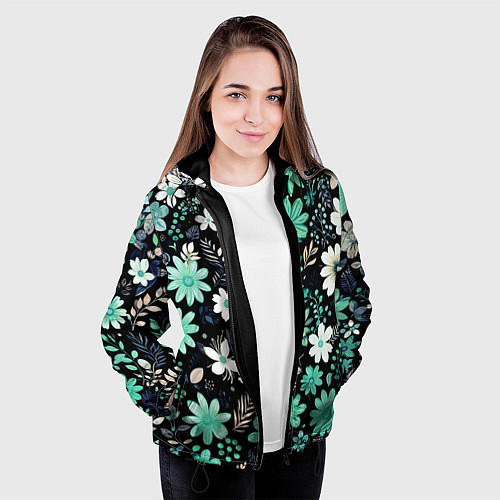 Женская куртка Чёрный в зелёный цветочек стилизованный / 3D-Черный – фото 3