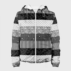 Куртка с капюшоном женская Черно белый полосатый узор из лоскутов, цвет: 3D-белый