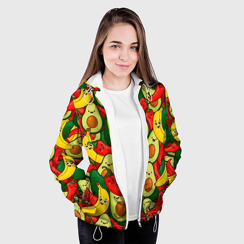 Женская куртка Авокадо, бананы, перцы чили улыбаются - паттерн фр / 3D-Белый – фото 3