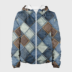 Куртка с капюшоном женская Джинсовый пэчворк ромбовый узор, цвет: 3D-белый