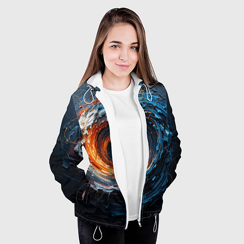 Женская куртка Краска синяя и оранжевая в форме вихря / 3D-Белый – фото 3