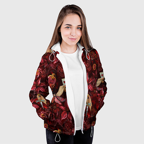 Женская куртка Бордовая готика с сердцем, лилиями и мотыльками / 3D-Белый – фото 3