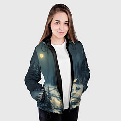 Куртка с капюшоном женская Лунная зимняя ночь в лесу у реки, цвет: 3D-черный — фото 2