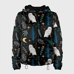 Куртка с капюшоном женская Сова в зимнем лесу, цвет: 3D-черный