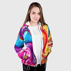 Куртка с капюшоном женская Смесь красно-жёлто-голубых масляных красок абстрак, цвет: 3D-белый — фото 2