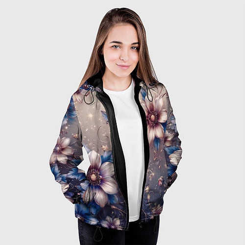 Женская куртка Сине-бежевый дымчатый с цветами / 3D-Черный – фото 3