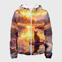 Куртка с капюшоном женская Котёнок на камушке глядит на золотые лучи, цвет: 3D-белый