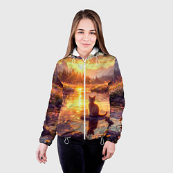 Куртка с капюшоном женская Котёнок на камушке глядит на золотые лучи, цвет: 3D-белый — фото 2