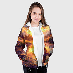 Куртка с капюшоном женская Котёнок на камушке глядит на золотые лучи, цвет: 3D-белый — фото 2