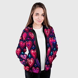 Куртка с капюшоном женская Большие розовые сердца паттерн, цвет: 3D-черный — фото 2