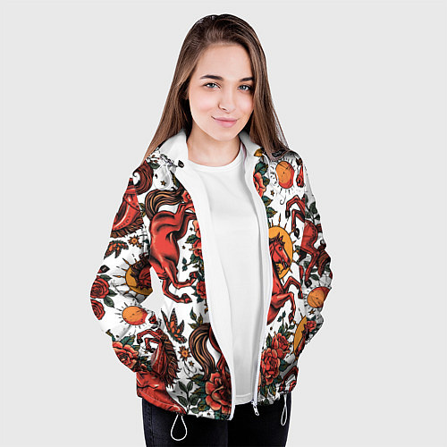 Женская куртка Красный конь в стиле татуировки / 3D-Белый – фото 3