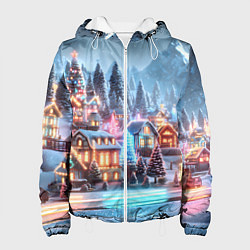 Куртка с капюшоном женская Городок в новогодних огоньках, цвет: 3D-белый