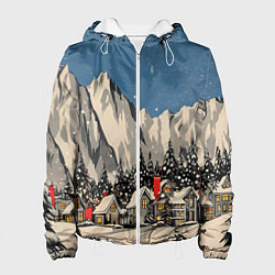 Куртка с капюшоном женская Небольшой новогодний город в горах, цвет: 3D-белый