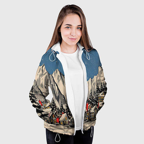 Женская куртка Небольшой новогодний город в горах / 3D-Белый – фото 3