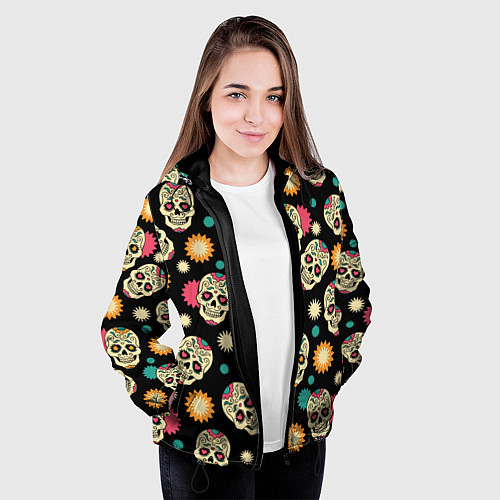 Женская куртка День мертвецов - черепа / 3D-Черный – фото 3
