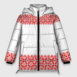 Куртка зимняя женская Славянский орнамент (на белом), цвет: 3D-красный