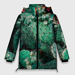 Куртка зимняя женская Кактусы с цветами реализм, цвет: 3D-черный