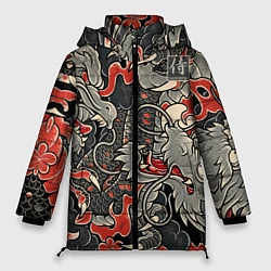 Куртка зимняя женская Самурай Якудза, драконы, цвет: 3D-черный