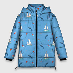 Куртка зимняя женская Море, дельфины, парусник, цвет: 3D-черный