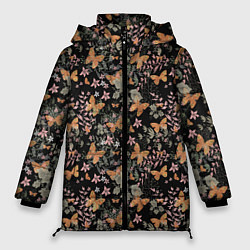 Куртка зимняя женская Ретро узор Бабочки, цвет: 3D-черный