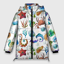 Куртка зимняя женская Морской паттерн с крабами и водорослями, цвет: 3D-черный