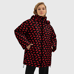 Куртка зимняя женская Принт с поцелуями,алые губы, цвет: 3D-черный — фото 2