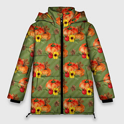 Куртка зимняя женская Овощи: Тыквы паттерн, цвет: 3D-красный