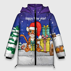 Куртка зимняя женская Новый год 2022 - Тигр с подарками, цвет: 3D-красный