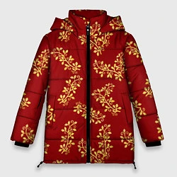 Куртка зимняя женская Золотые веточки на ярко красном фоне, цвет: 3D-красный