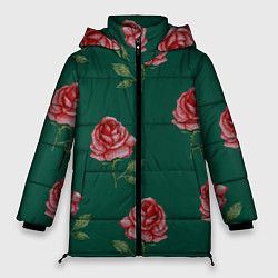 Куртка зимняя женская Ярко красные розы на темно-зеленом фоне, цвет: 3D-красный