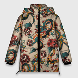 Куртка зимняя женская Мифические японские драконы, цвет: 3D-светло-серый