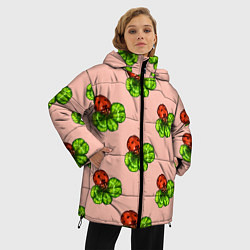 Куртка зимняя женская Божья коровка и клевер на розовом, цвет: 3D-светло-серый — фото 2