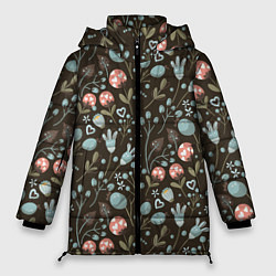 Куртка зимняя женская Цветы и ягоды паттерн, цвет: 3D-черный