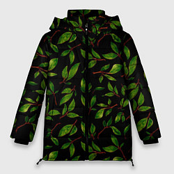 Куртка зимняя женская Яркие зеленые листья на черном фоне, цвет: 3D-светло-серый