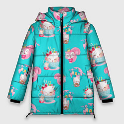 Куртка зимняя женская Коты в кружках паттерн, цвет: 3D-красный