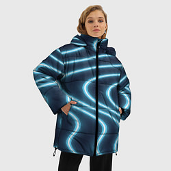 Куртка зимняя женская Неоновый свет Волны голубые на темном фоне, цвет: 3D-черный — фото 2