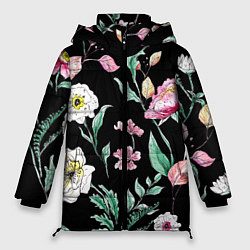 Куртка зимняя женская Цветы Нарисованные от Руки, цвет: 3D-черный