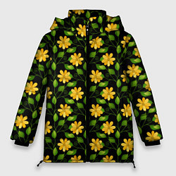Куртка зимняя женская Желтые цветочки паттерн, цвет: 3D-светло-серый