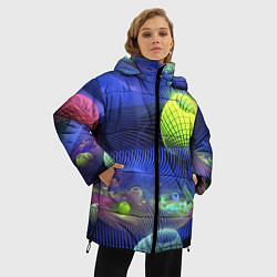 Куртка зимняя женская Геометрический фрактальный неоновый паттерн Geomet, цвет: 3D-красный — фото 2