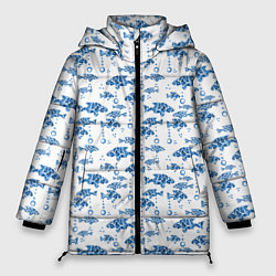 Куртка зимняя женская Голубые рыбки ретро принт, цвет: 3D-светло-серый