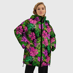 Куртка зимняя женская Тропические листья и цветы на черном фоне, цвет: 3D-светло-серый — фото 2
