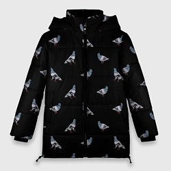 Куртка зимняя женская Голуби на черном паттерн, цвет: 3D-черный